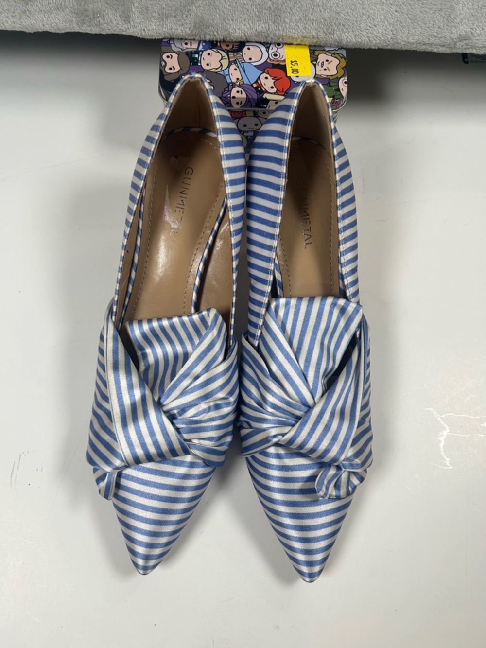 Gunmetal Gunnii Blue White Striped Knot Pointed-Toe Flats - Picture 5 of 10